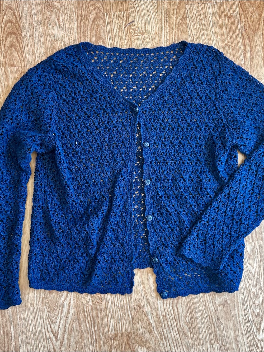 Crochet Knit Button-Front Sweater Cardigan - Blue